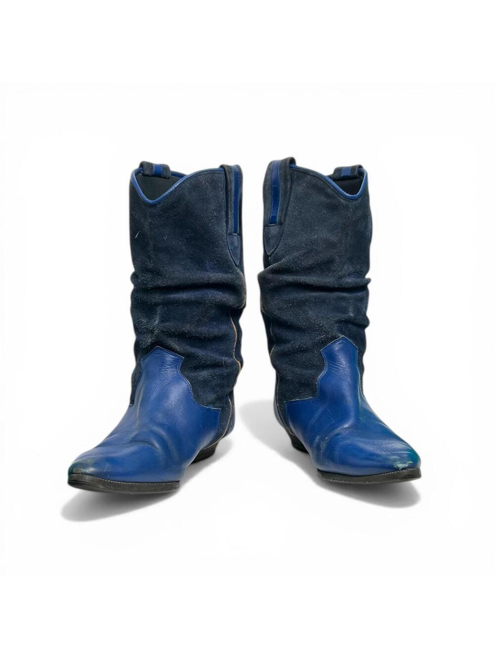 Vintage Blue Leather and Suede Slouchy Western Boots